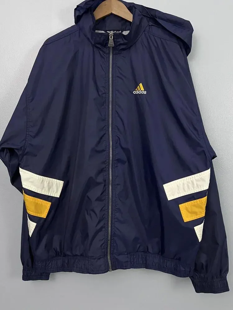 Vintage Adidas Windbreaker Jacket Navy Blue Yellow White 90s Full Zip Mens XL